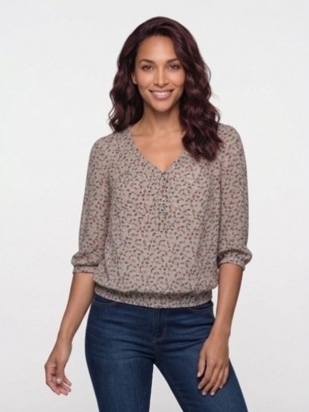 DmBm Women's Beige Floral V-Neck Blouse